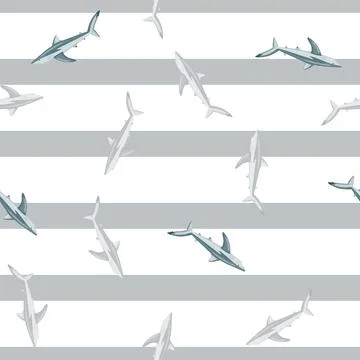 Seamless pattern Blue shark on striped gray background. Texture of marine fis 스톡 일러스트