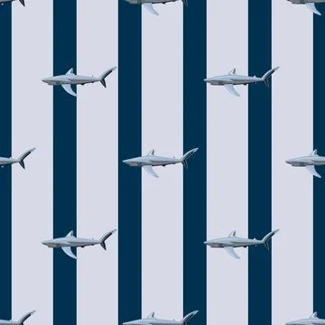 Seamless pattern Blue shark on striped gray black background. Texture of mari Stock Illustration