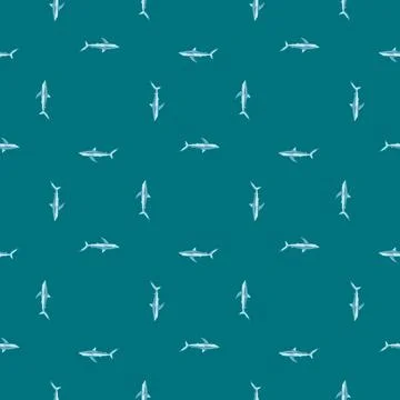 Seamless pattern Blue shark on teal background. Texture of marine fish for an Stock Illustration