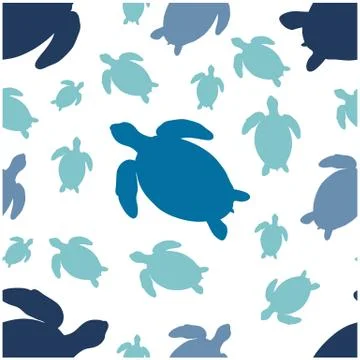 Seamless pattern blue silhouettes of big and small turtles Stock Illustration
