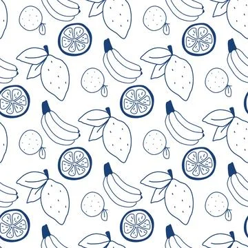 Seamless pattern with blue silhouettes of citrus fruits Stock Illustration