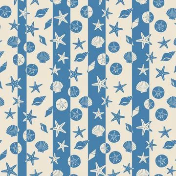 Seamless Pattern with Blue Starfish and Seashells on Striped Background. Stockillustratie