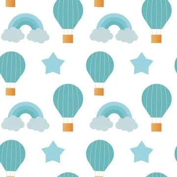 Seamless pattern with blue stars, rainbow and ballon Stock Illustration