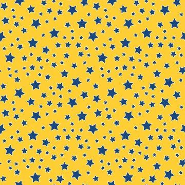 Seamless pattern of blue stars on a yellow background. Children bright pattern Stock Illustration