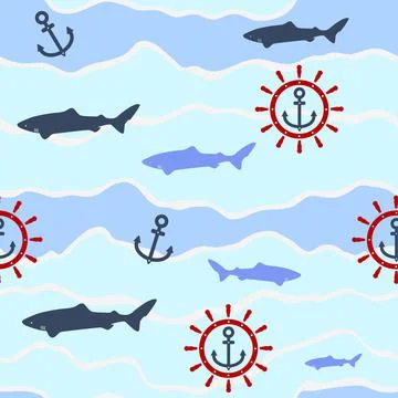Seamless pattern blue striped with wavy lines and sharks, anchors, steering Stock Illustration