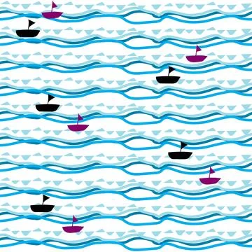 Seamless pattern with blue stripes and doodle boat icon Stock Illustration