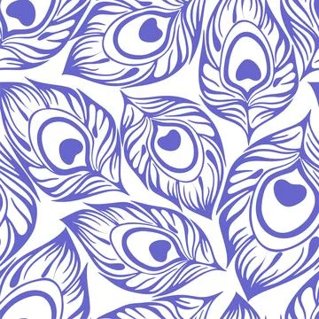 Seamless pattern of blue stylized peacock feathers on a white background, t.. Stock Illustration