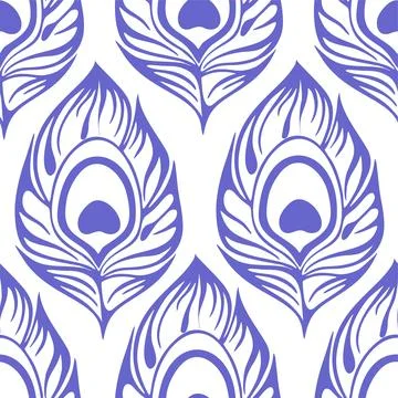 Seamless pattern of blue stylized peacock feathers on a white background, t.. Illustrazione stock