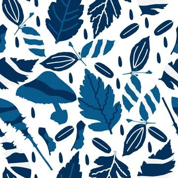 Seamless pattern with blue stylized tree leaves Stock Illustration