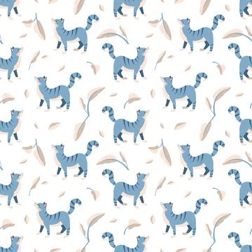 Seamless pattern with blue tabby cat and leaves Stock Illustration