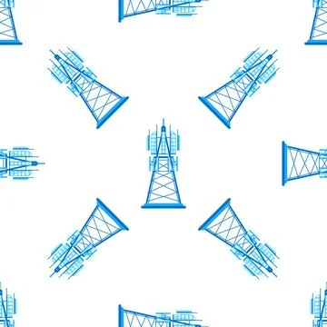 Seamless pattern with blue telecommunication tower providing wireless signal Stock Illustration
