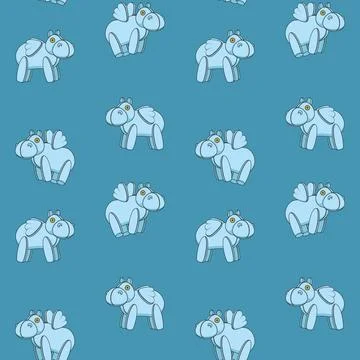 Seamless pattern with blue toy hippo with wings. Stock Illustration