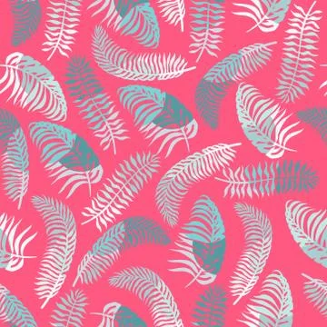 Seamless pattern with blue tropical leaves on the pink background. Stock Illustration