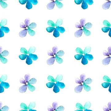 Seamless pattern of blue, turquoise, purple flowers, hand drawn watercolor Illustrazione stock