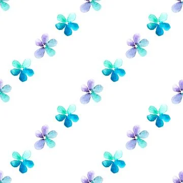 Seamless pattern of blue, turquoise, purple flowers, hand drawn watercolor 스톡 일러스트