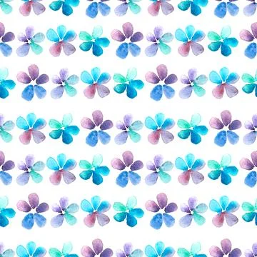 Seamless pattern of blue, turquoise, purple flowers, hand drawn watercolor Illustrazione stock