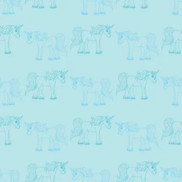 Seamless pattern in blue unicorns on light blue background for fabric, Stock Illustration