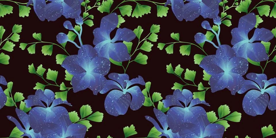 Seamless pattern, blue Vanda Coerulea orchid and Adiantum leaves on balck Stock Illustration