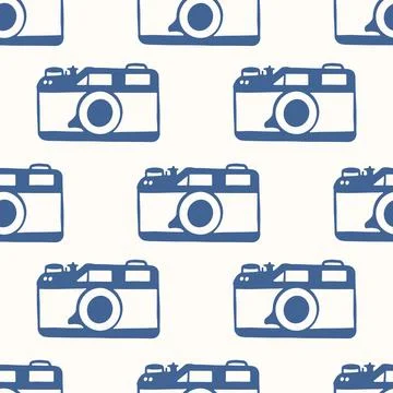 Seamless pattern with blue vintage camera illustration on white background, for Stock Illustration