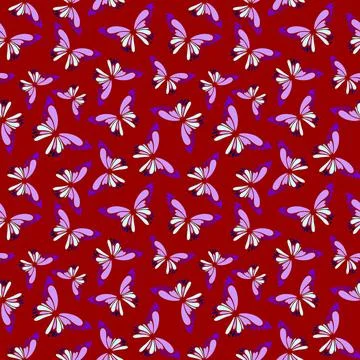 Seamless pattern of blue-violet decorative butterflies on a red background,.. Stock-Illustration