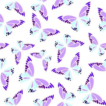 Seamless pattern of blue-violet decorative butterflies on a white backgroun.. Stock Illustration