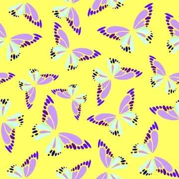 Seamless pattern of blue-violet decorative butterflies on a yellow backgrou.. Illustrazione stock