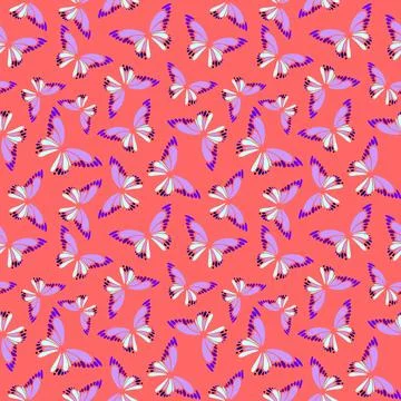 Seamless pattern of blue-violet decorative butterflies on a pink background.. Illustrazione stock