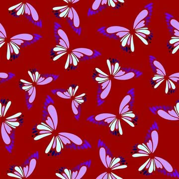 Seamless pattern of blue-violet decorative butterflies on a red background,.. Illustrazione stock