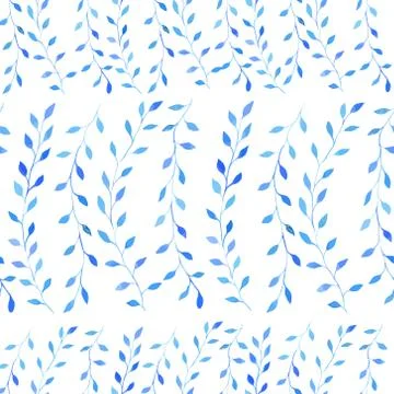 Seamless pattern of blue watercolor branches with leaves. Stock Illustration