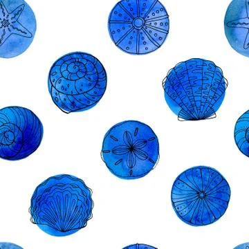 Seamless pattern of blue watercolor circles with doodles of seashells, Illustrazione stock