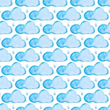 Seamless pattern with blue watercolor clouds. Hand drawn background. 스톡 일러스트