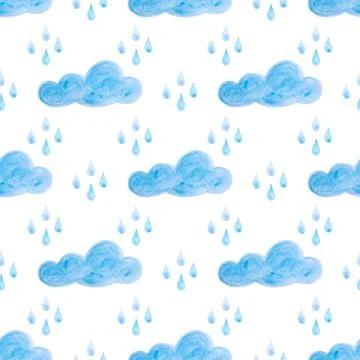 Seamless pattern with blue watercolor clouds and rain. Hand drawn background. Stock Photos