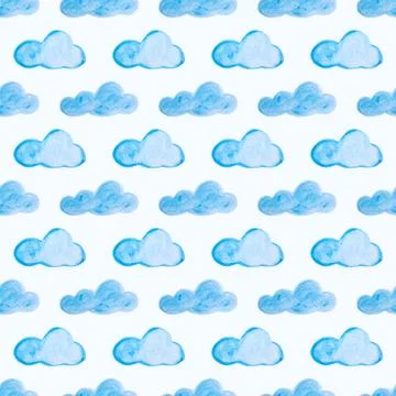 Seamless pattern with blue watercolor clouds. Hand drawn background. Stock Photos