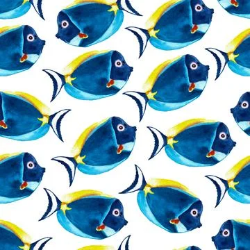 Seamless pattern of blue watercolor fish illustration, hand painted element Stock Illustration