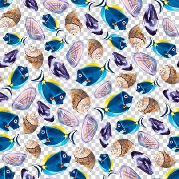 Seamless pattern of blue watercolor fish and sea shells illustration, hand drawn Stock Illustration
