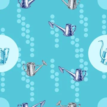 Seamless pattern blue watering cans composition Stock Illustration