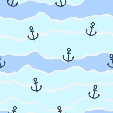 Seamless pattern blue waves or striped with wavy lines and anchors. Background Illustrazione stock