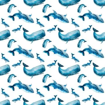 Seamless pattern with blue whale and cachalot on white background. Handmade i Illustrazione stock