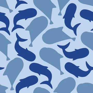Seamless Pattern with Blue Whale Fish Silhouettes. Stock Illustration