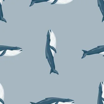 Seamless pattern Blue whale on gray background. Template cartoon character of Stock Illustration