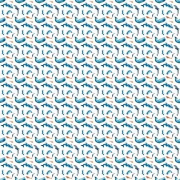 Seamless pattern with blue whales isolated on white background. Watercolor dr Illustrazione stock