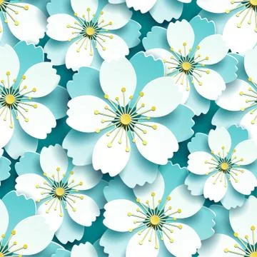 Seamless pattern with blue, white cherry blossom Stock Illustration