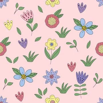 Seamless pattern with blue, yellow, lilac flowers Stock Illustration