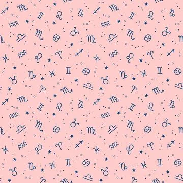 Seamless pattern of blue zodiac signs and stars on a pastel pink background Stock Illustration