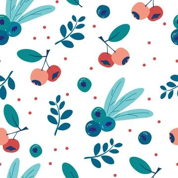 Seamless pattern with blueberries and leaves. Ripe wild berries background. E Stock Illustration