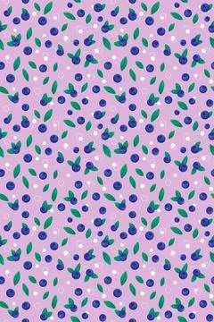Seamless pattern of blueberries, leaves and bubbles on a light lilac background Stock Illustration