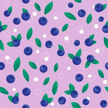 Seamless pattern of blueberries, leaves and bubbles on a light lilac background Stock Illustration