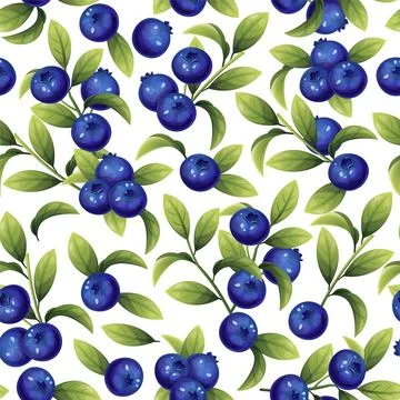 Seamless pattern of blueberries. Texture of blue berries and leaves. Bluebe.. Stock Illustration
