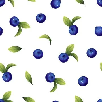 Seamless pattern of blueberries. Texture of blue berries and leaves. Bluebe.. Stock Illustration