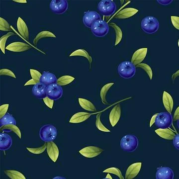 Seamless pattern of blueberries. Texture of blue berries and leaves. Bluebe.. Stock Illustration
